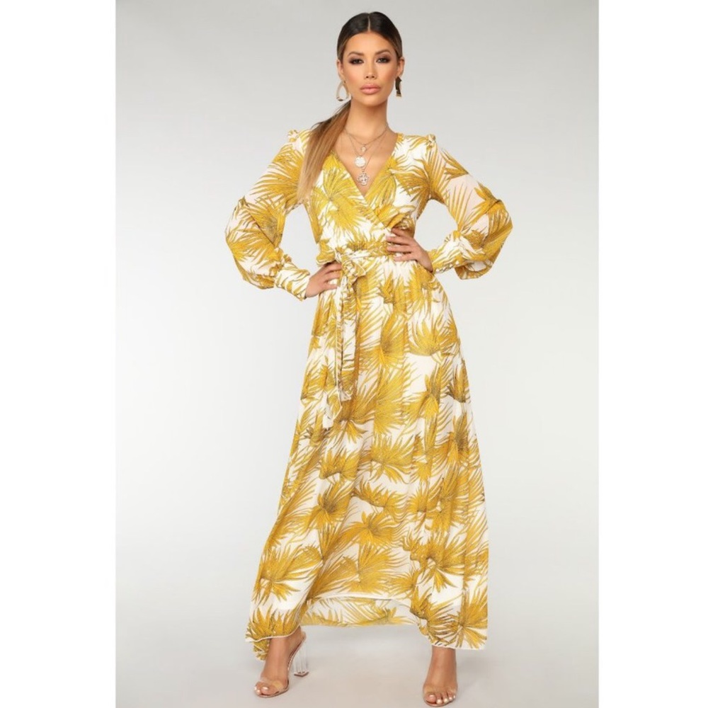 Women’s Yellow Palm-Print Maxi Wrap Dress